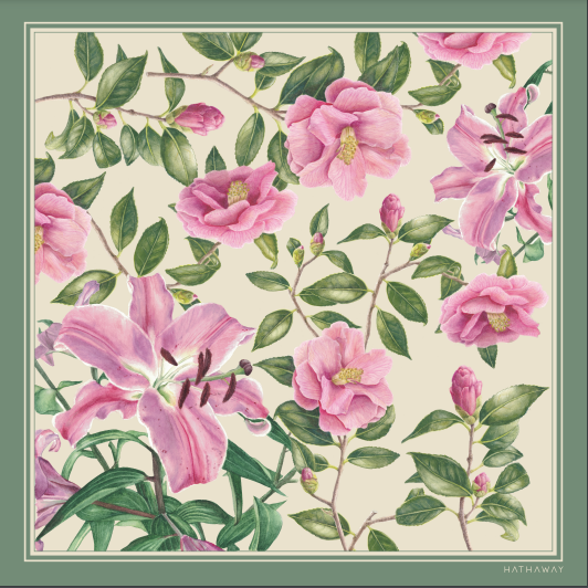 海瑟薇丝绸围巾 - 茶花和百合植物棕褐色