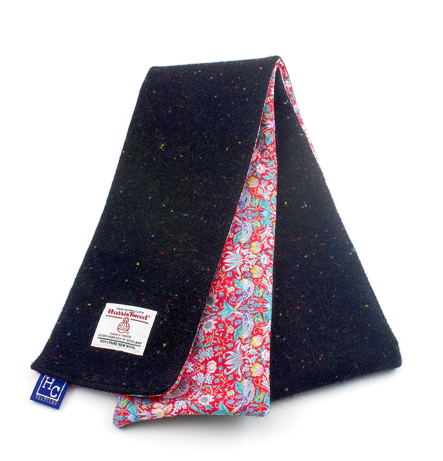 Chatterton Harris Tweed and Liberty Cotton Skinny Scarf  - Black and Red Fleck Strawberry Thief