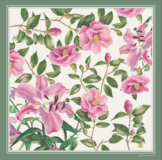Selendang sutera Hathaway - Camellia dan Lily Botanical White